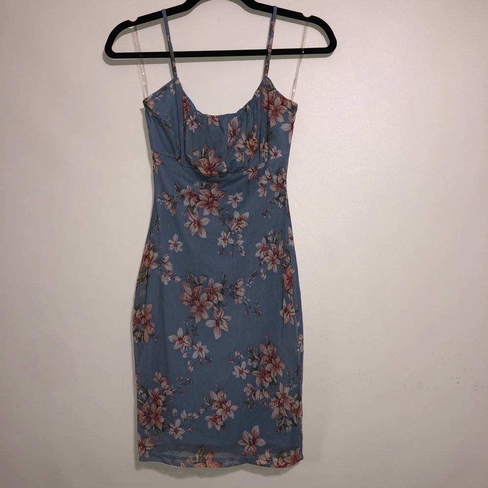 PREOWNED Glare Dress Womens Cocktail Dress Mesh with slip Floral Blue Dress SZ M